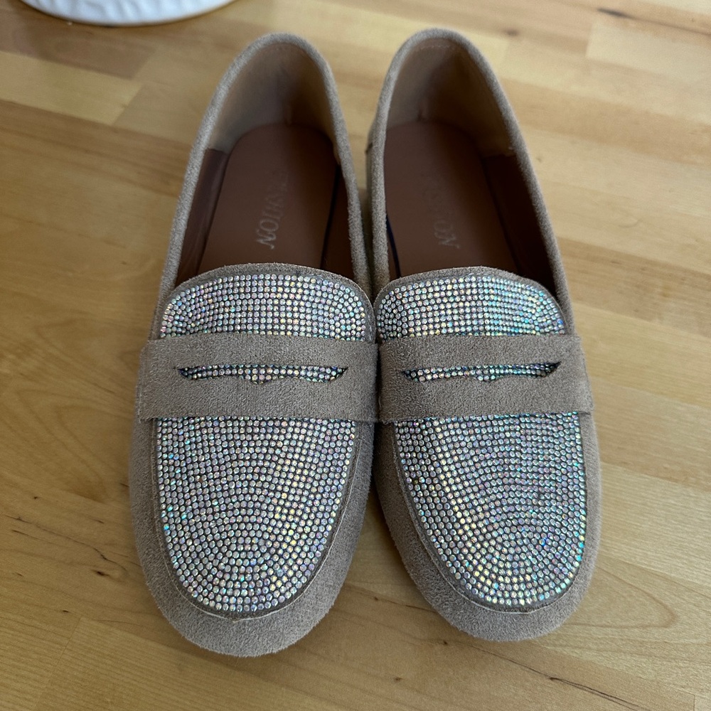 Elegant Tan Loafers with Rhinestone Detailing